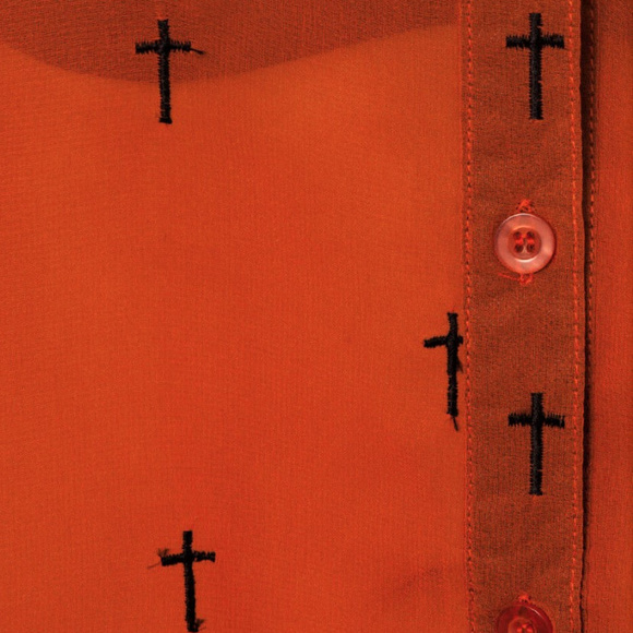 Embroidered Cross Sheer BLOUSE High Low Hem TOP M - Picture 3 of 6